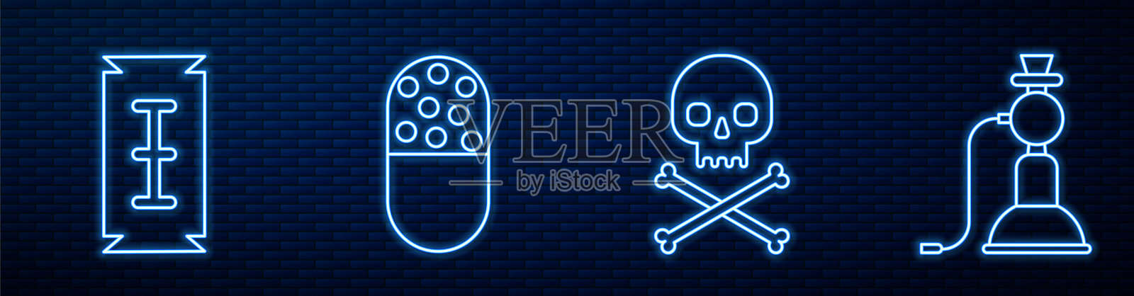 在交叉骨头上设置线骷髅，刀片剃须刀，药丸或药片和水烟。砖墙上发光的霓虹灯图标。向量插画图片素材