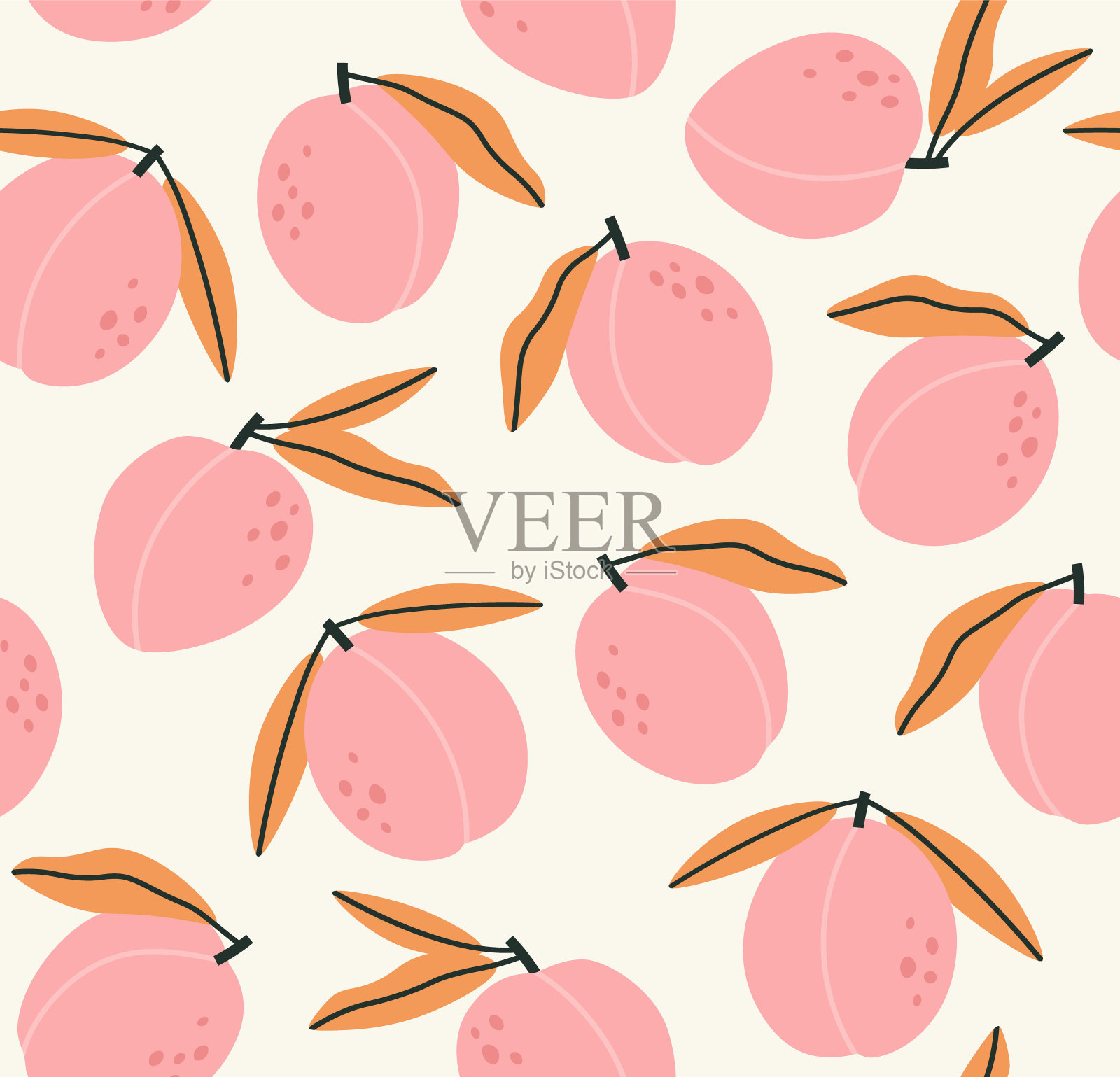 粉红色桃子与橙色树叶背景元素的无缝模式。插画图片素材