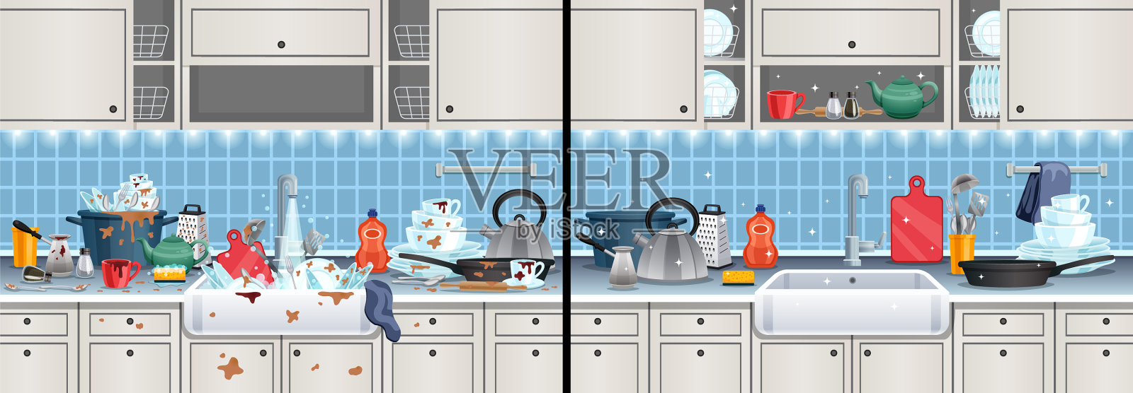 肮脏的厨房后，烹饪组成插画图片素材