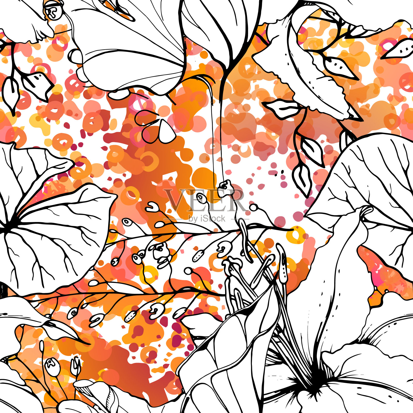 花黑白图案。现代水彩插画图片素材