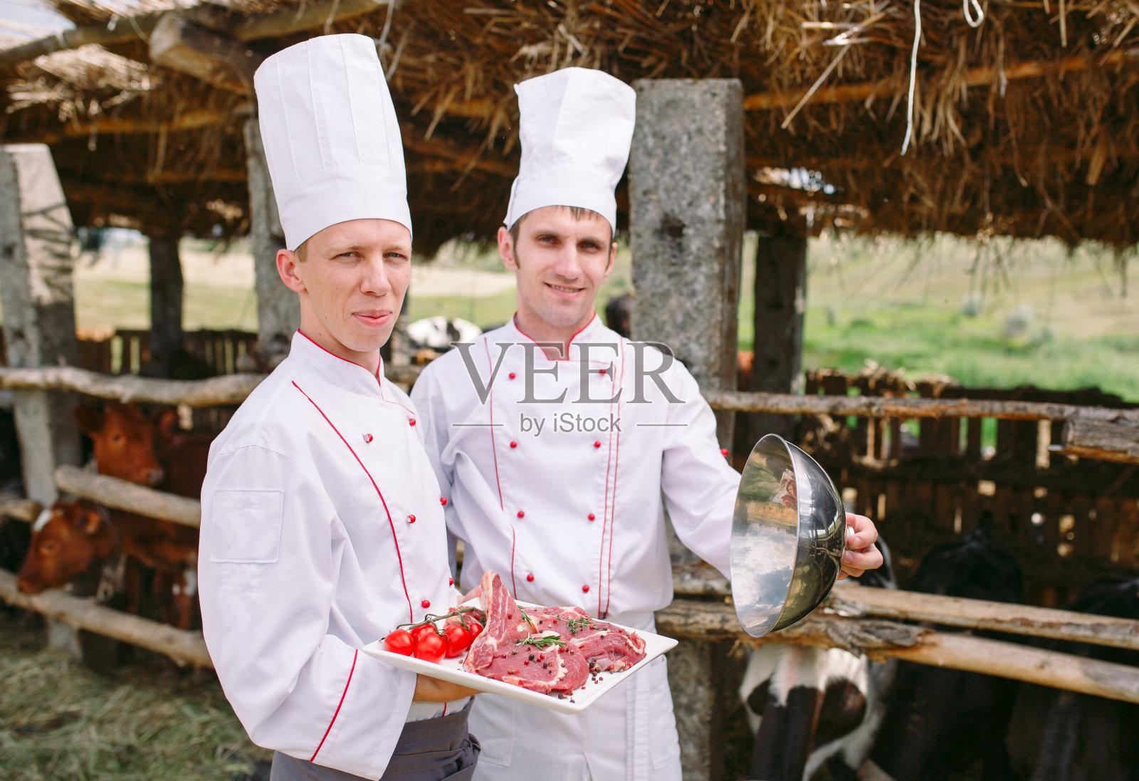 在牛棚的背景上用一块生肉烹饪一道菜照片摄影图片