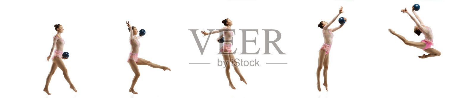 柔顺的小女孩孤立在白色的工作室背景上。穿着鲜艳紧身衣的小女子艺术体操艺术家照片摄影图片