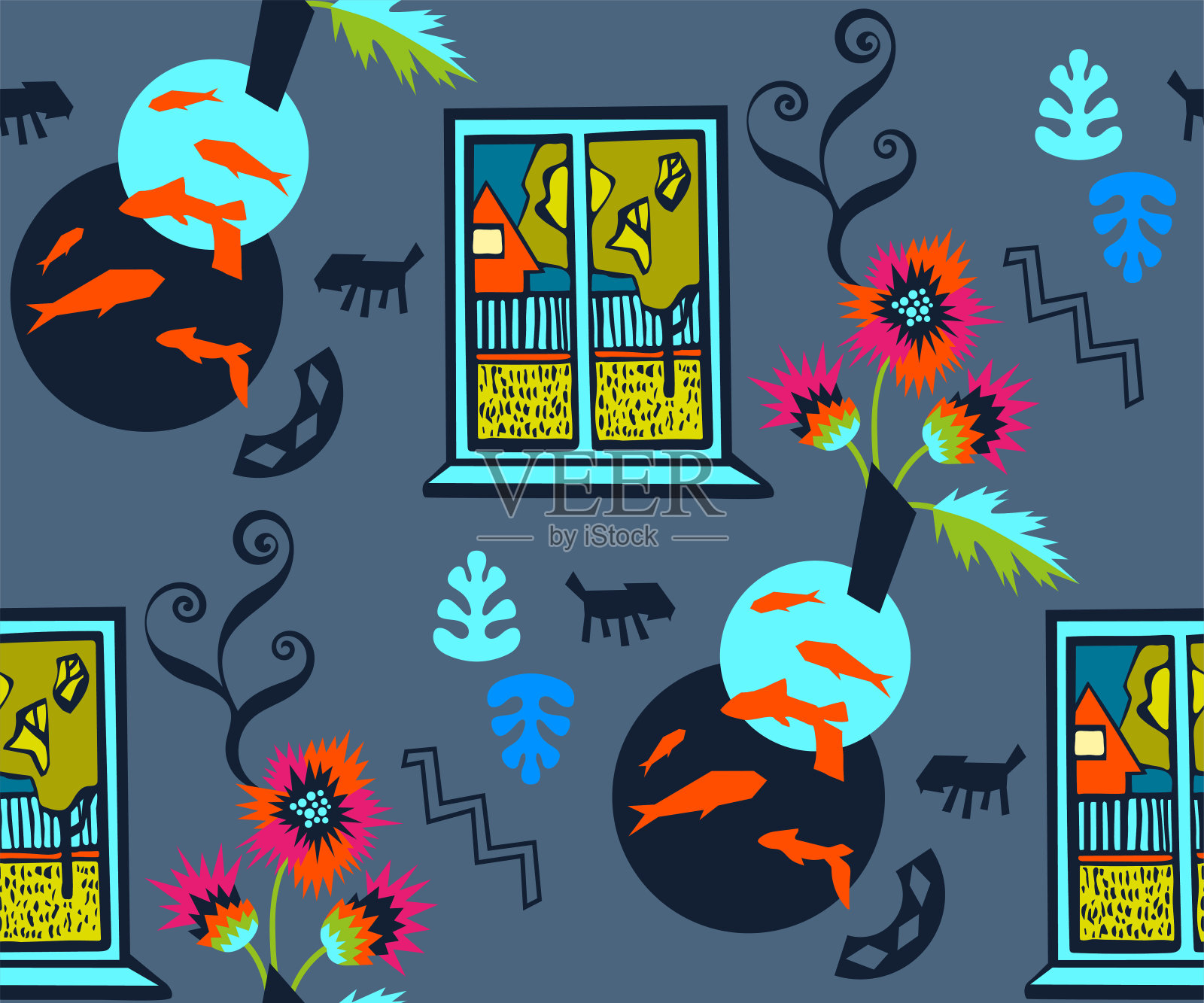 手绘矢量平面窗口与景观。手绘墨水插图。现代装饰装饰背景。矢量模式。印刷纺织品，布料，墙纸，剪贴簿插画图片素材