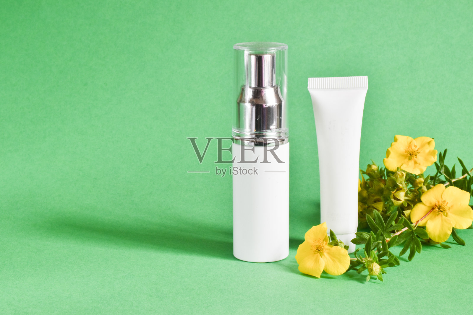 化妆品用白色试管。空白塑料容器的霜，乳液，牙膏，营养或保湿面膜与黄花在绿色的背景。美容的概念。副本的空间。照片摄影图片