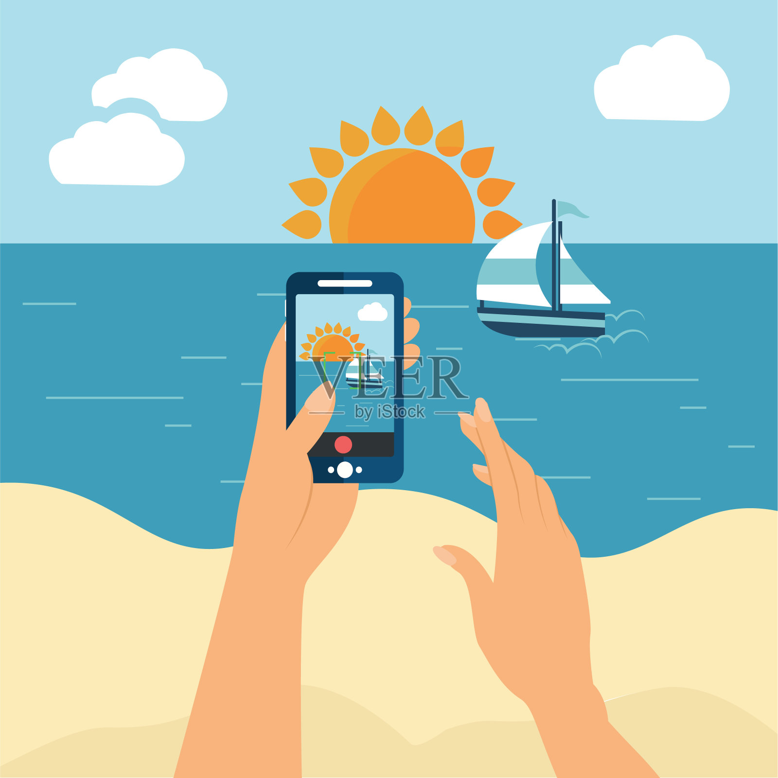 用智能手机拍摄海滩的照片-平面设计-矢量插图插画图片素材