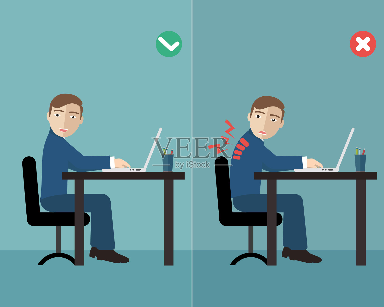 办公室综合症的例子，有正确的坐姿也有错误的坐姿插画图片素材