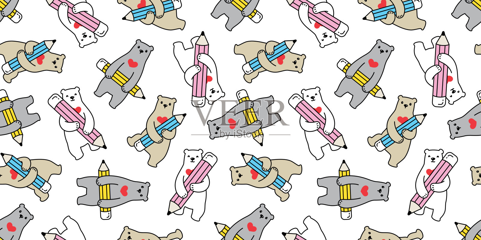 熊无缝图案矢量北极熊铅笔心情人卡通围巾孤立重复墙纸瓷砖背景插图动物设计插画图片素材
