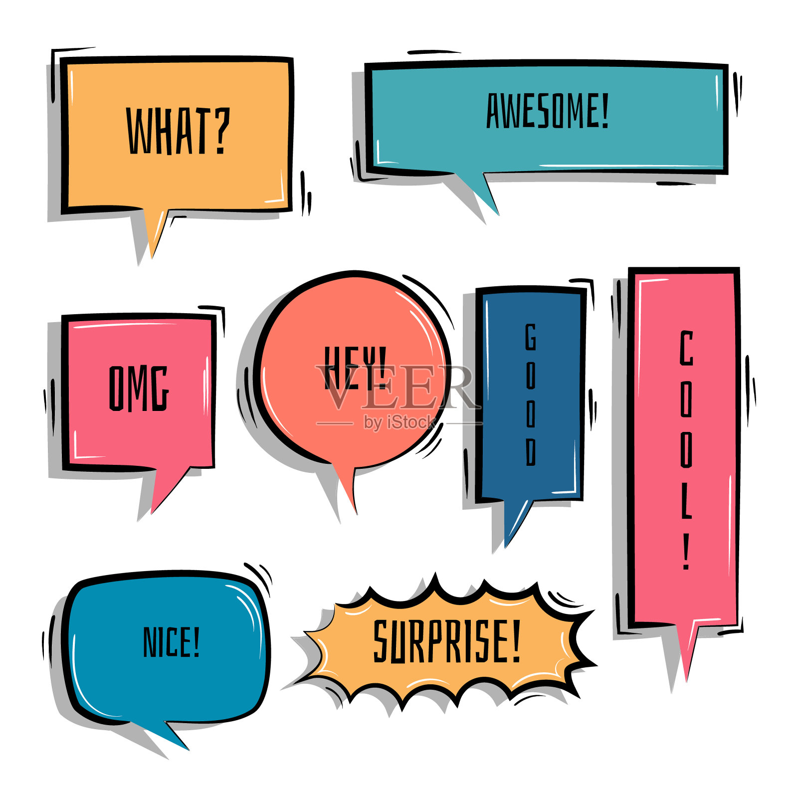 收藏一套手绘画框边框，空白语音泡泡气球，思考，说话，说话，文本框，横幅设计元素图片