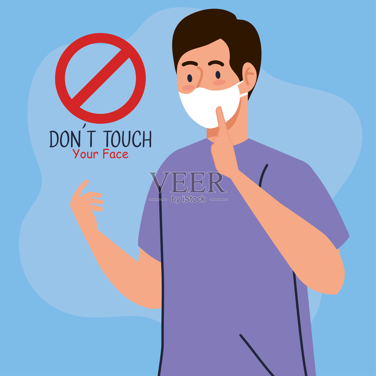 不要摸脸，戴口罩的人，避免摸脸，预防冠状病毒感染插画图片素材