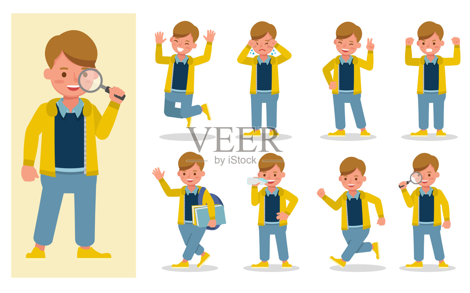 一套儿童角色向量设计。在各种动作中表现出情感和表情。插画图片素材