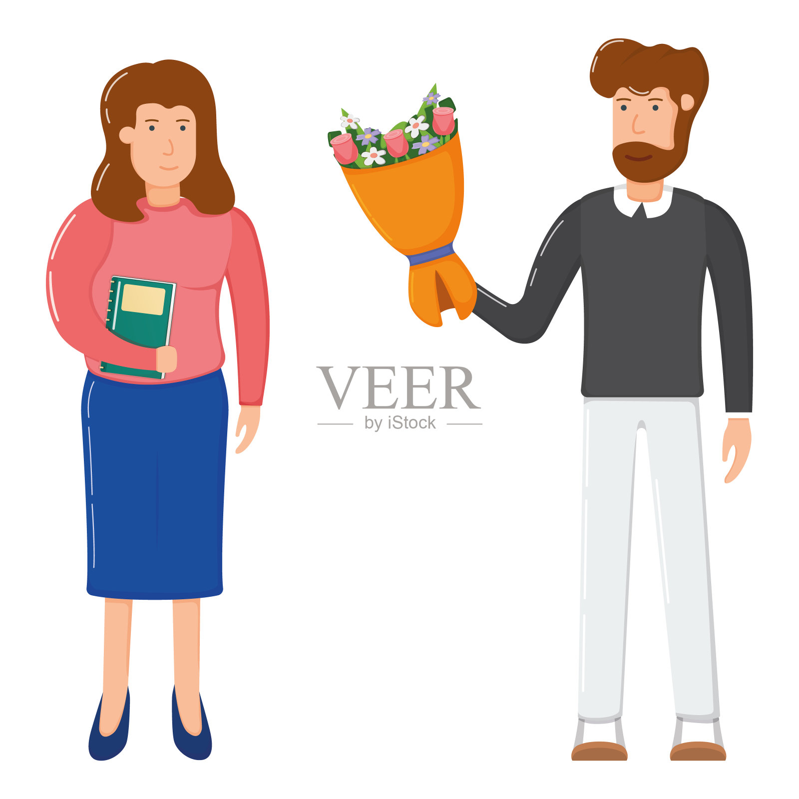 男人送花束给女人，浪漫情侣约会概念礼物扁平图标矢量图，白色背景插画图片素材