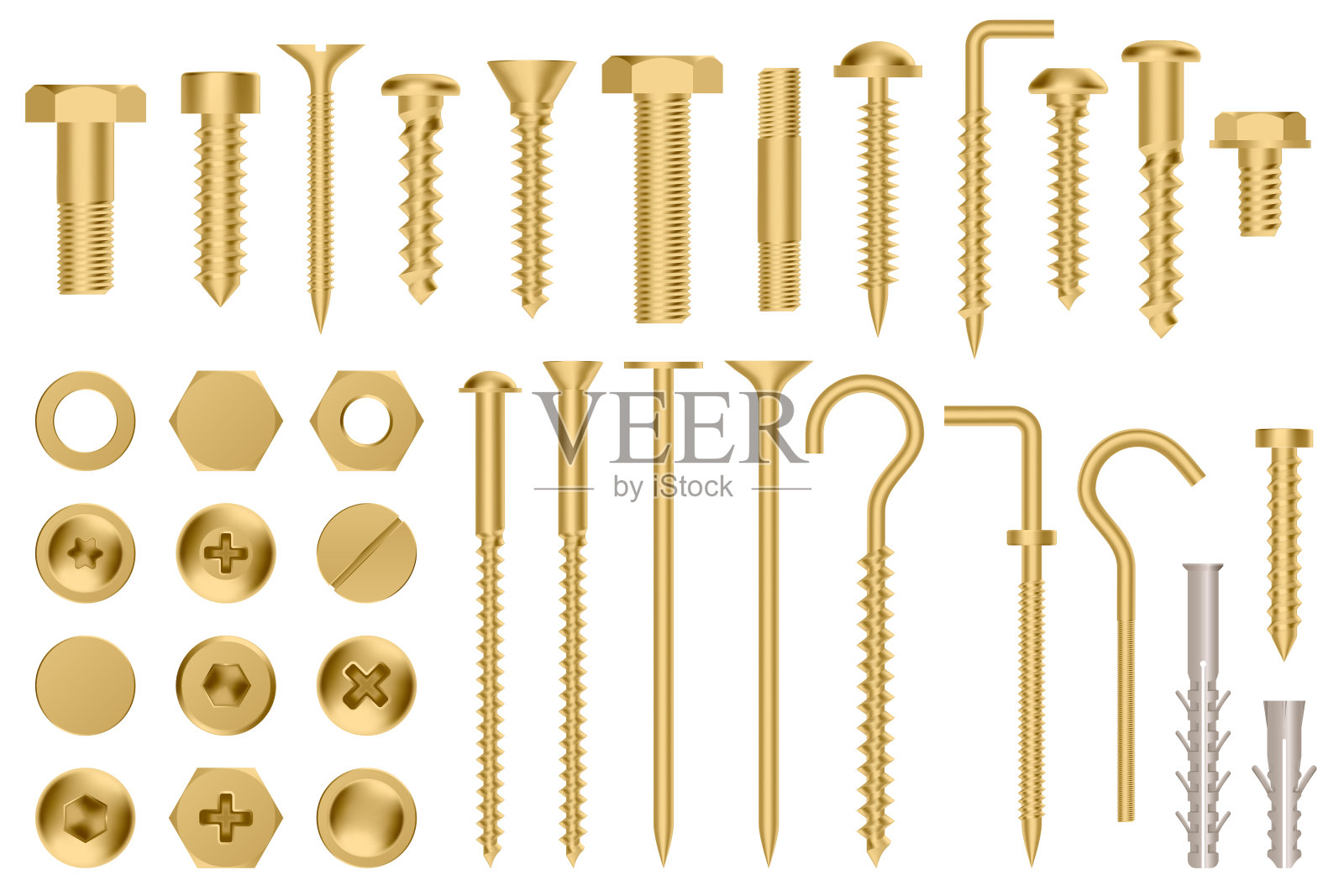 现实的金色的硬件。建设黄金金属六角帽螺母，3d金属固定齿轮，不锈钢螺钉和螺栓矢量插图图标设置设计元素图片