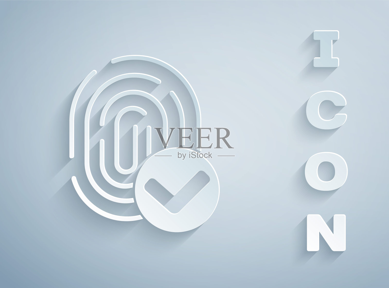 剪纸指纹图标孤立在灰色背景。ID的应用图标。识别标志。触摸id。纸艺术风格。向量插画图片素材