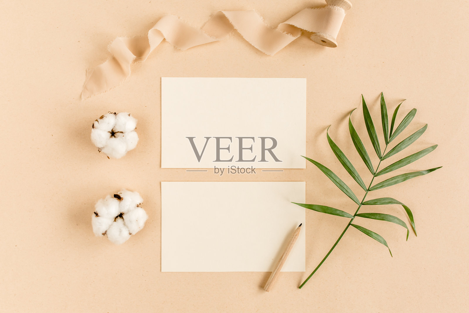 模拟邀请，空白贺卡和热带棕榈叶。平躺，俯视图照片摄影图片