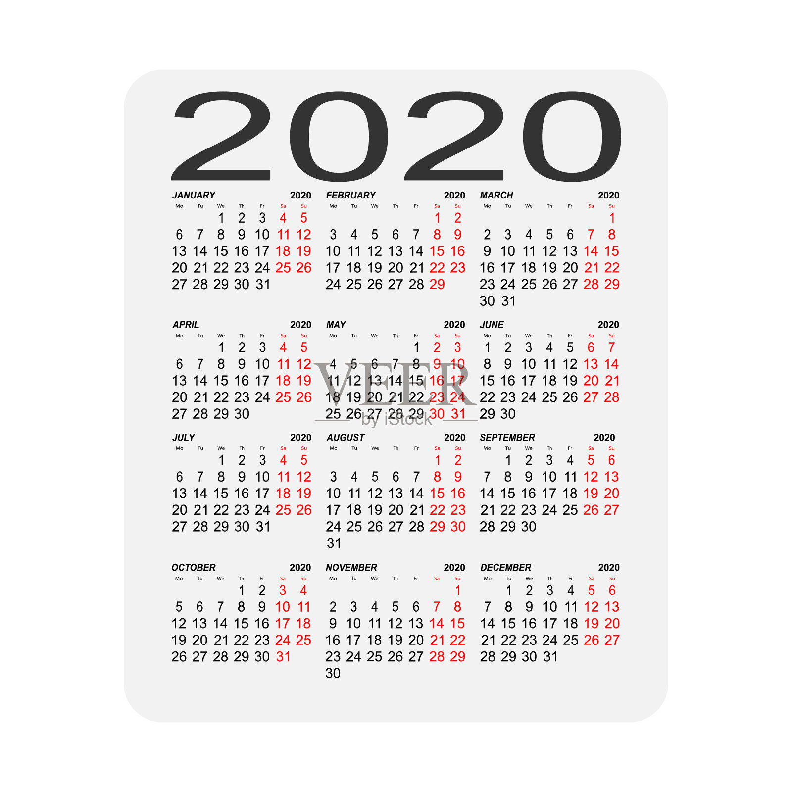 日历2020日历表一周休息两天插画图片素材