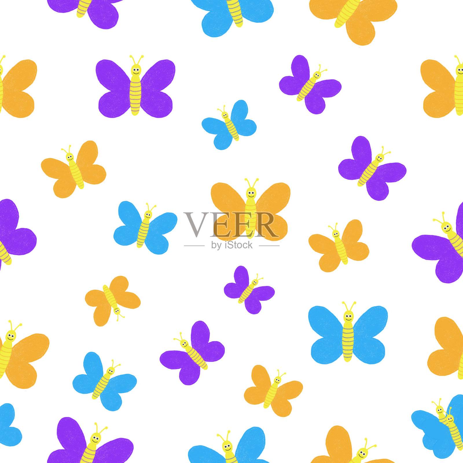 无缝图案与彩色蝴蝶在白色的背景插画图片素材