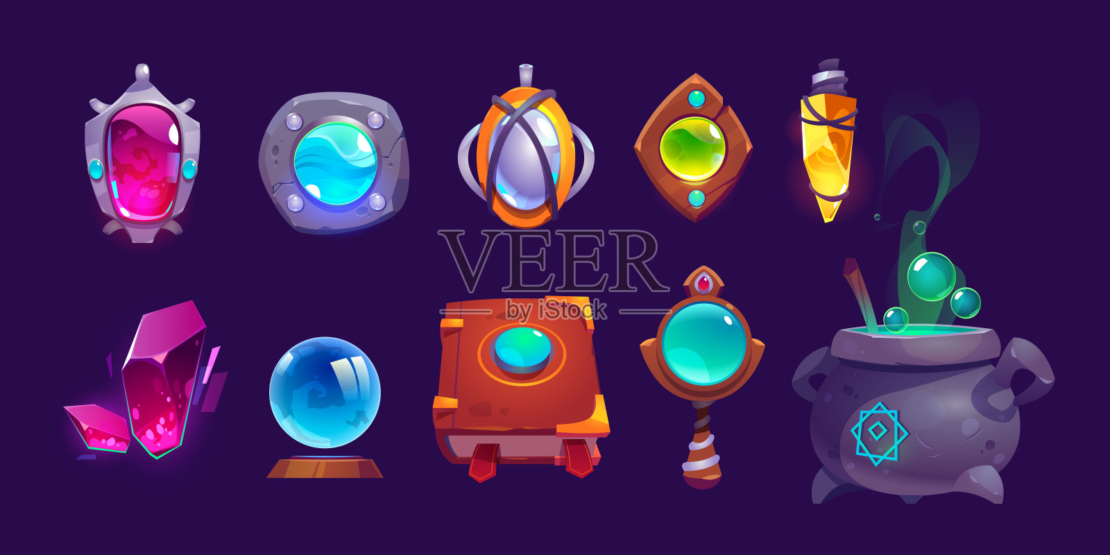 魔法护身符，水晶，魔法书和坩埚插画图片素材