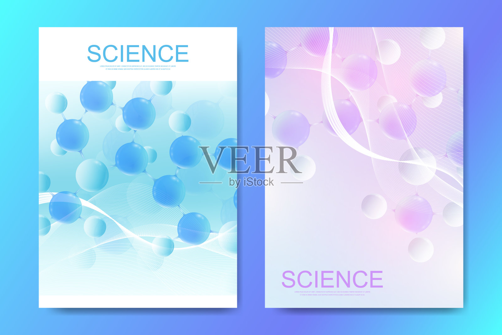 横幅，海报或宣传册设计模板与彩色抽象3d分子。原子。神经元。医疗创新制药技术旗帜。矢量插图。插画图片素材