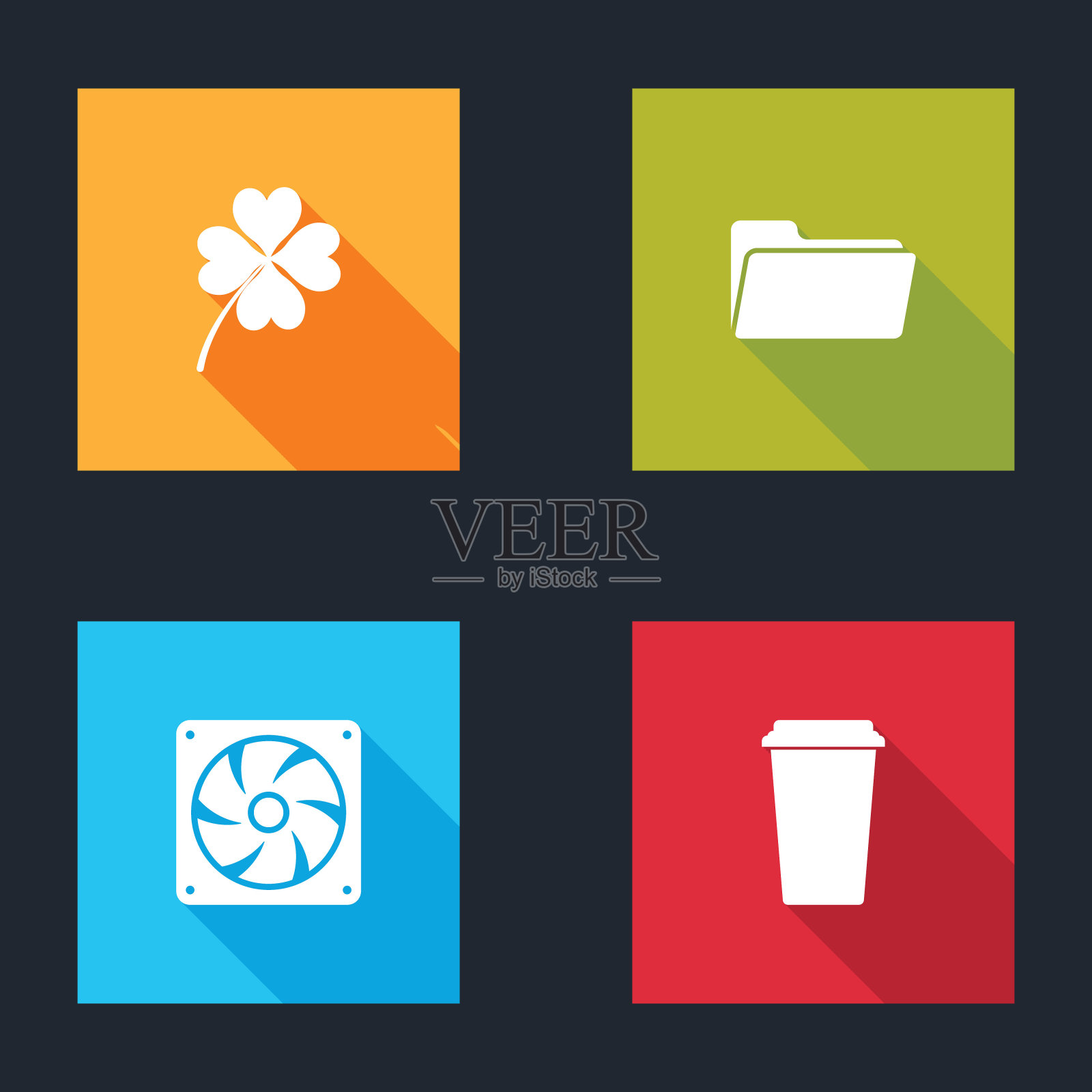 设置四叶草，文件夹，电脑冷却器和咖啡杯图标。向量图标素材