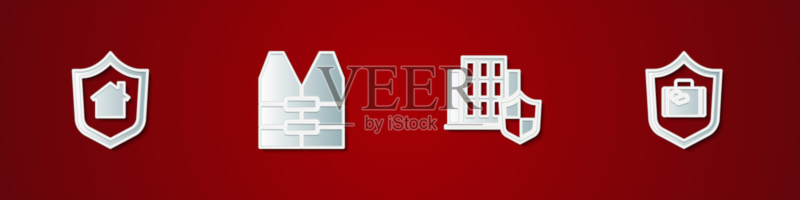 Set House with shield, Life jacket, and Travel suitcase icon。向量图标素材