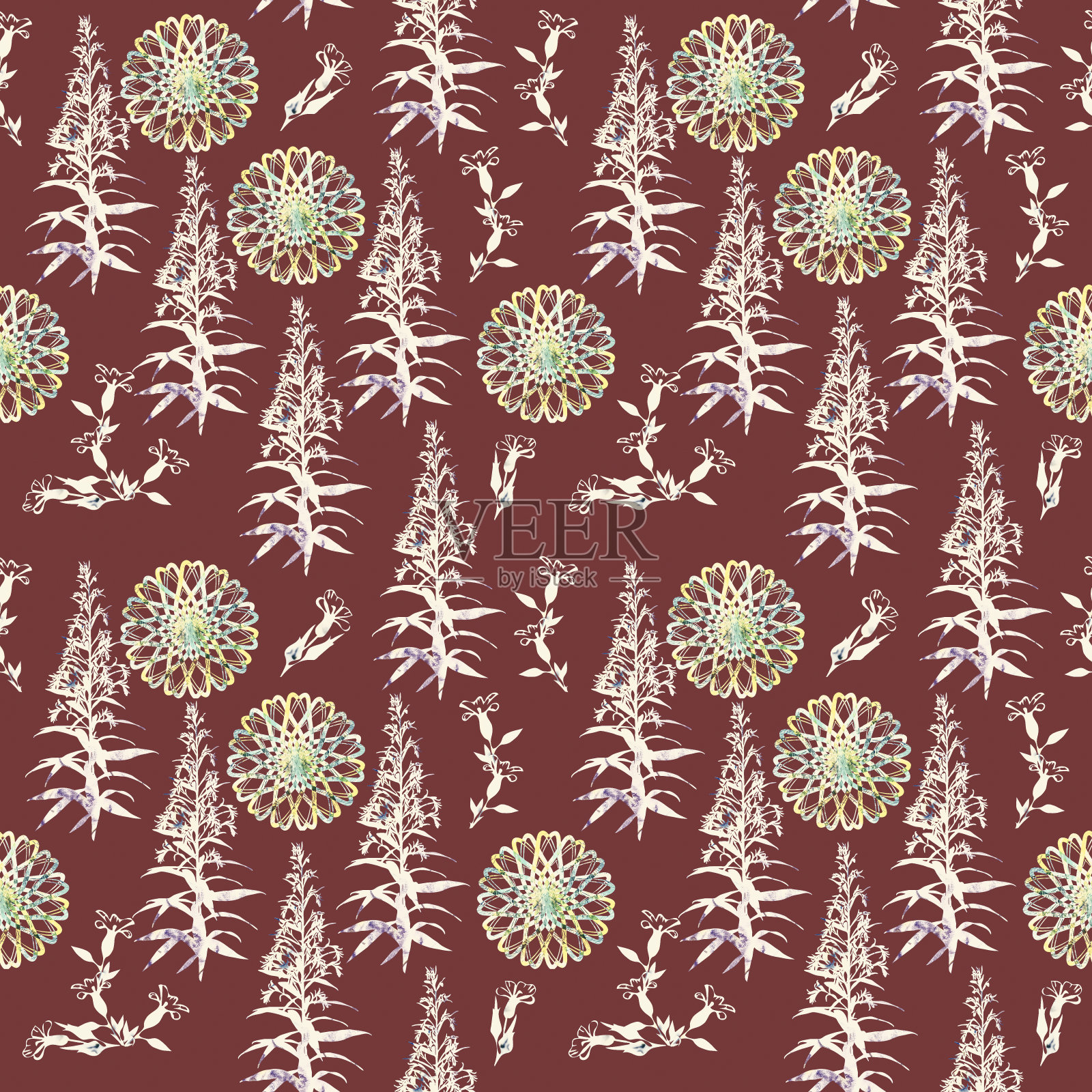 花卉和抽象元素，无缝图案。插画图片素材