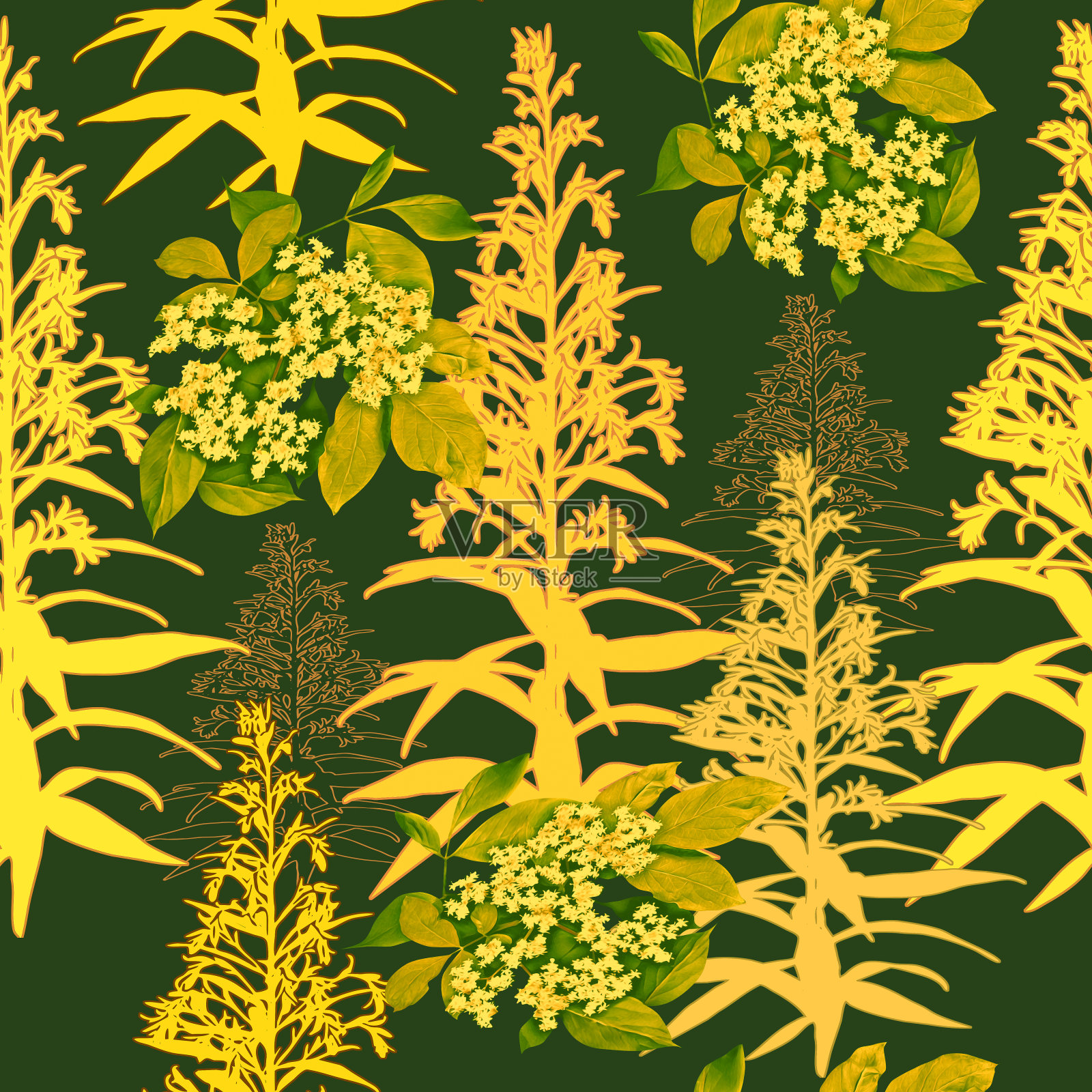 与老花木混花，图案无缝。插画图片素材