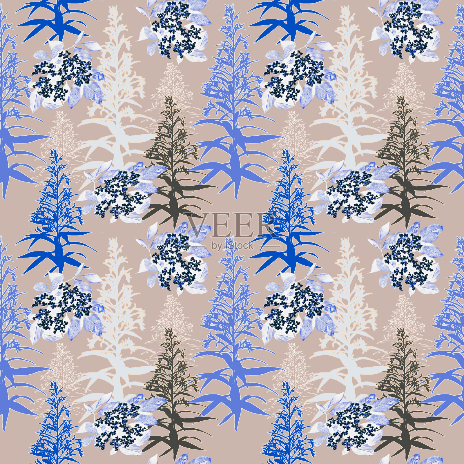 与老花木混花，图案无缝。插画图片素材