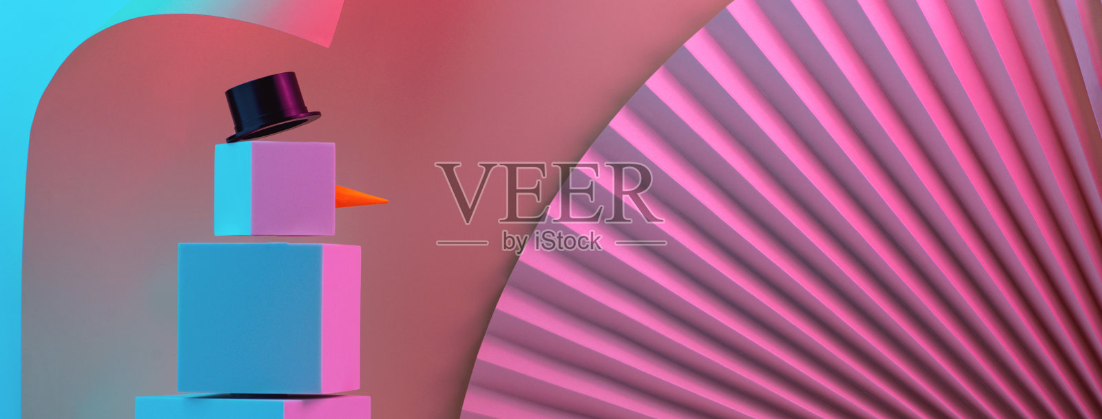 以扇子和纸角为背景，用霓虹灯照亮多边形的立方体雪人。趋势概念2020年、2021年。照片摄影图片