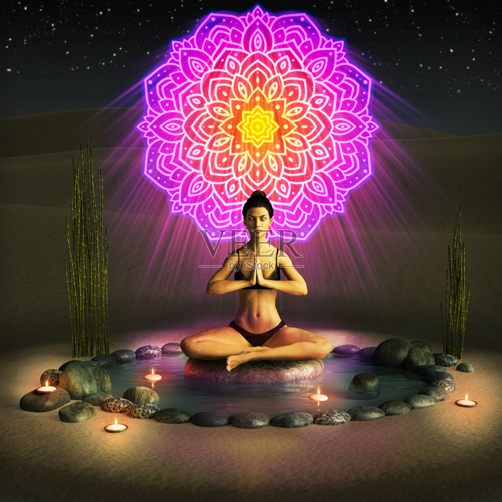 一个女孩在沙漠中练习瑜伽和冥想仪式照片摄影图片