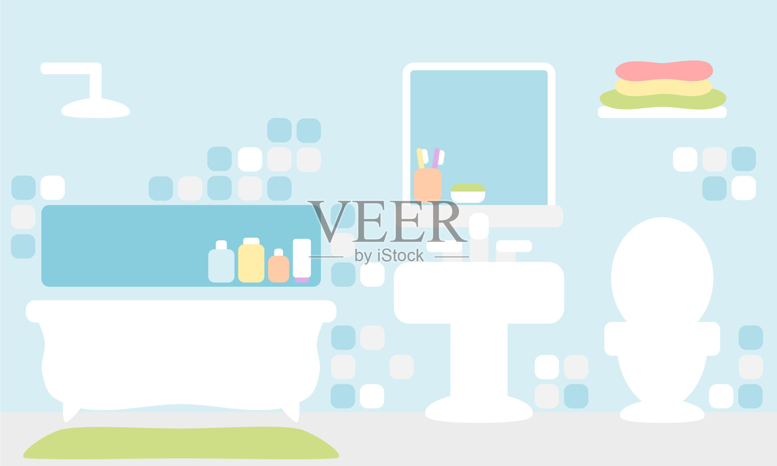 浴室与浴缸在蓝色背景插画图片素材