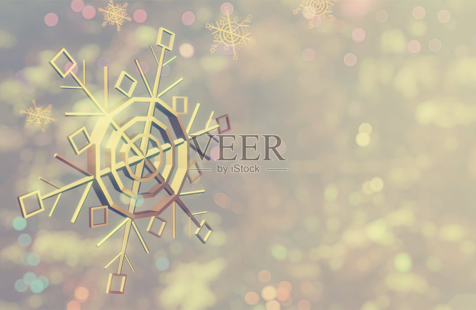 美丽的圣诞节金色雪花在模糊的灯光背景。设计你的广告，海报，横幅，文字的位置，3d渲染照片摄影图片