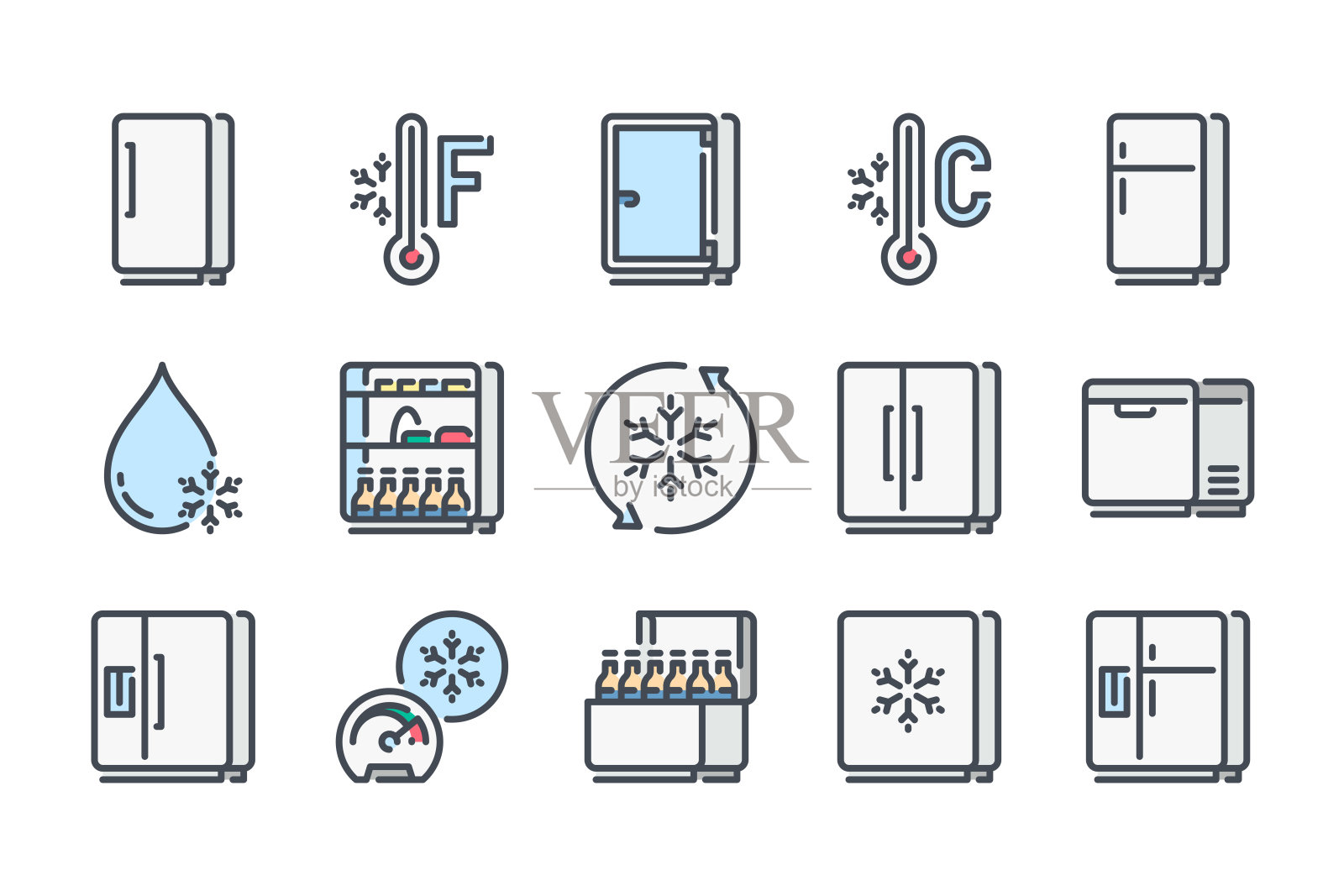 冰箱相关颜色线图标设置。冰箱彩色的线性图标。冷库，保持冷冻和冷藏食品储存平面颜色轮廓向量标志收集。图标素材