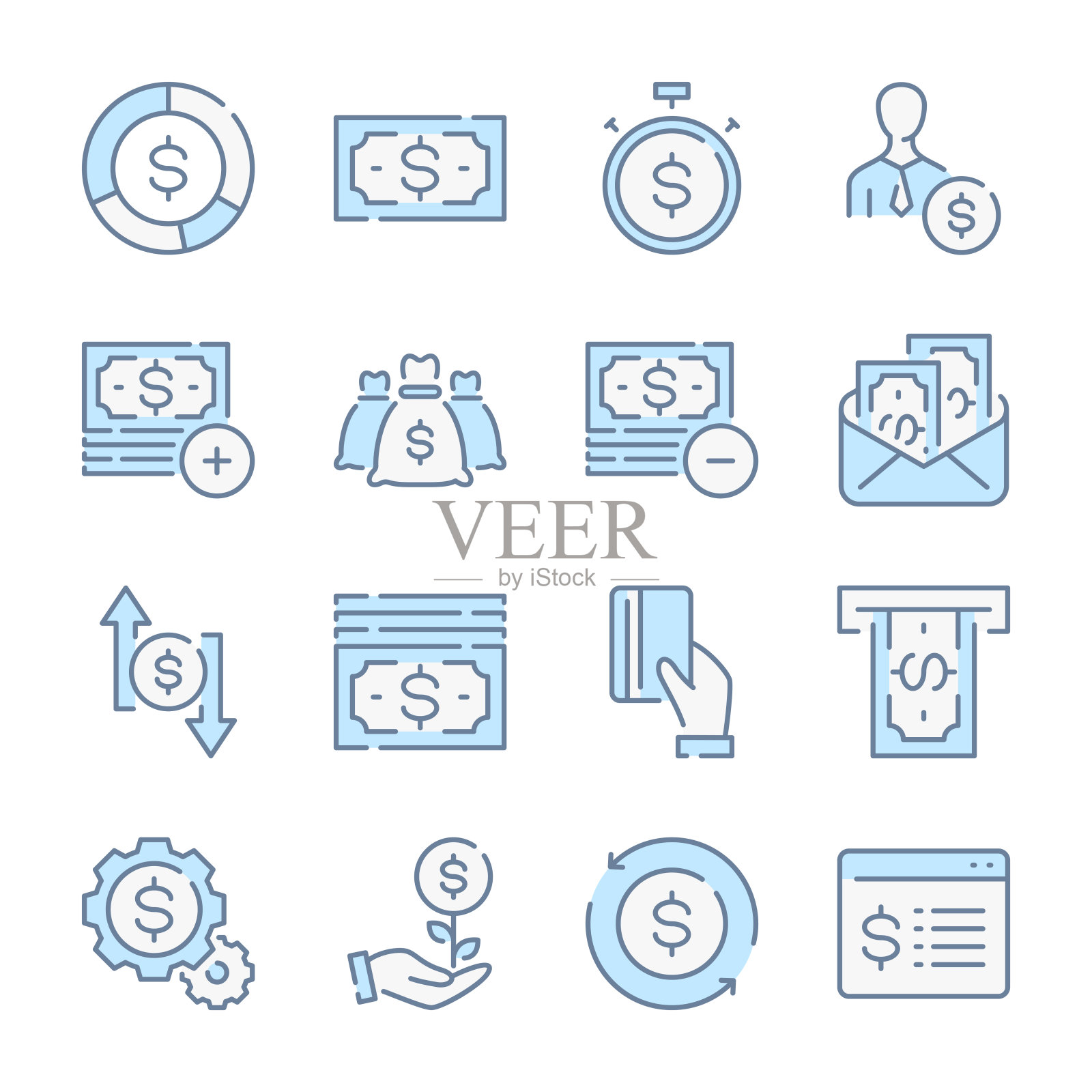 货币，银行，支付和投资相关的蓝色线彩色图标。图标素材