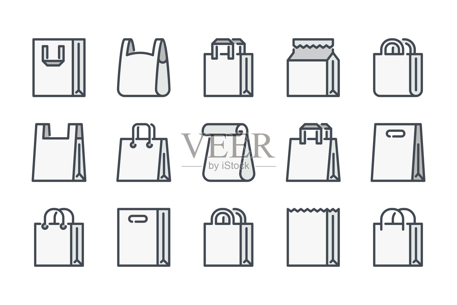购物袋相关的颜色线图标设置。纸市场袋彩色线性图标。杂货袋平面颜色轮廓矢量符号集合。图标素材
