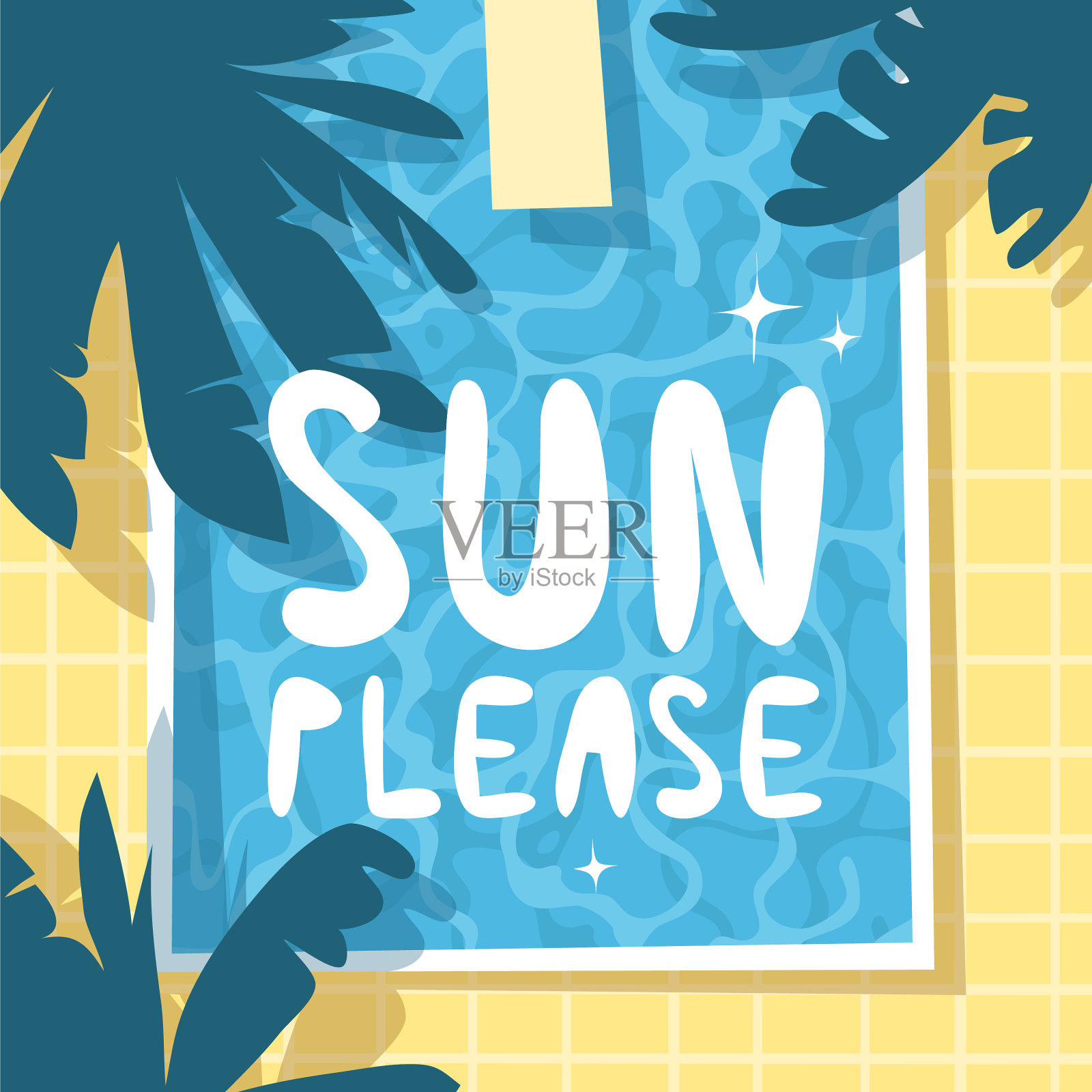 手绘夏季豪华泳池及文字介绍设计模板素材