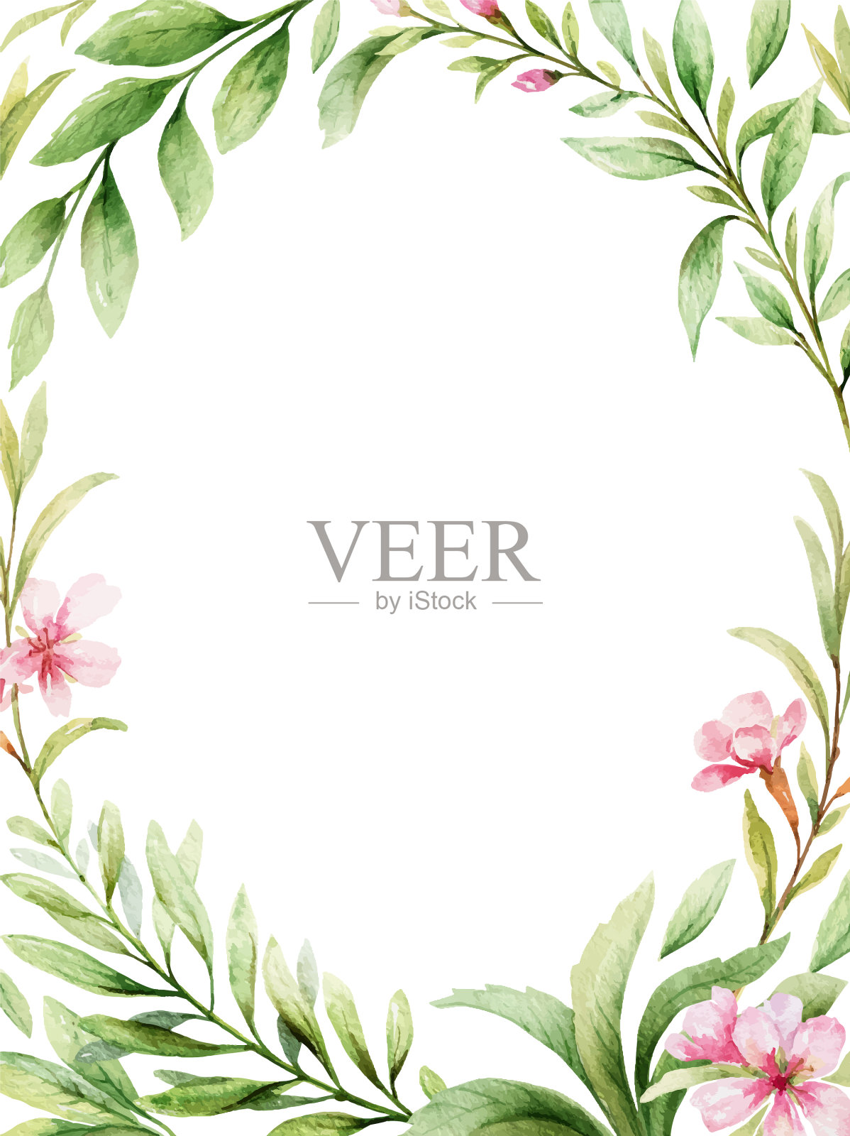 水彩画卡粉红色的花和绿色的插画图片素材