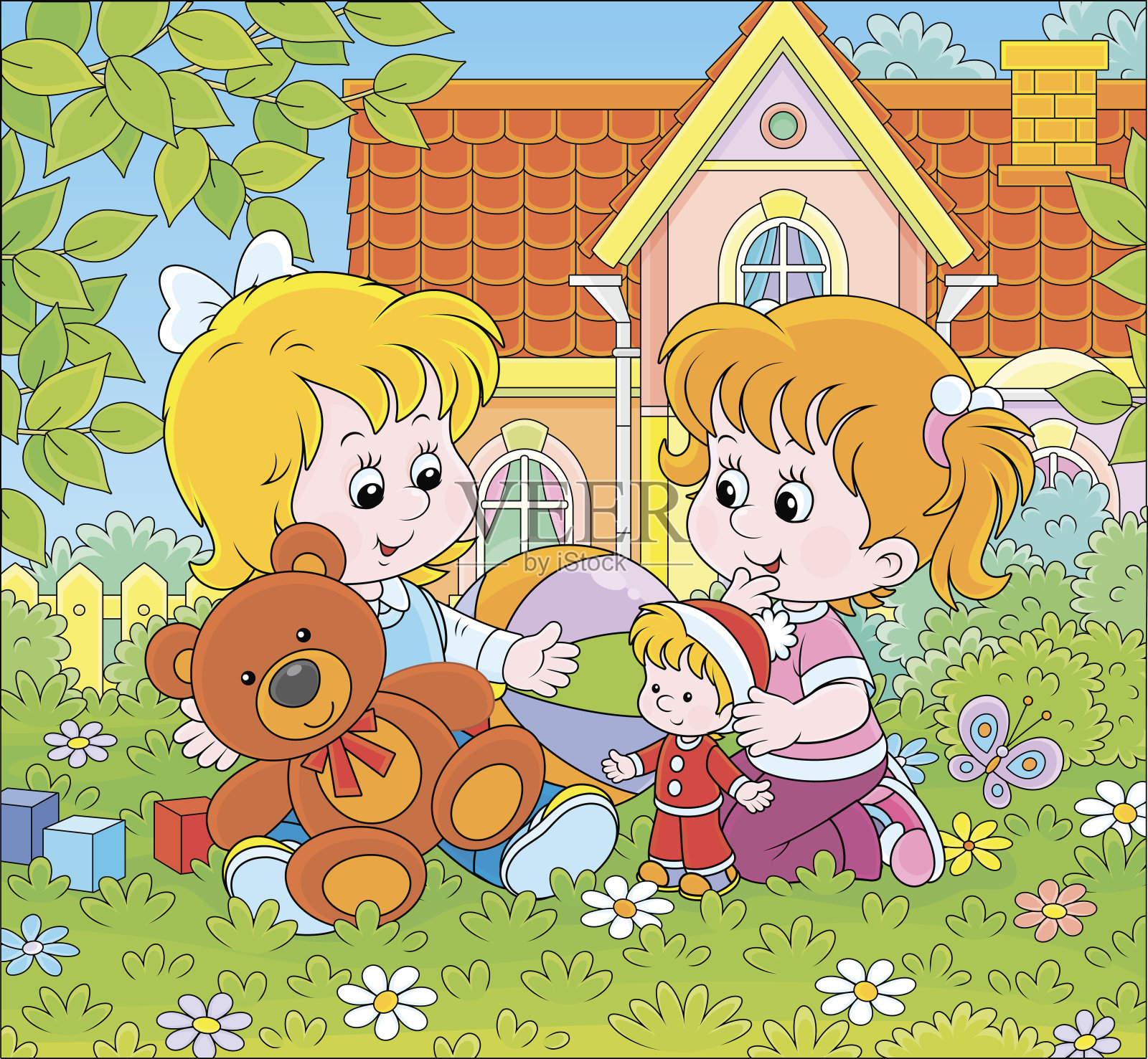 小女孩们在屋前的草坪上玩耍插画图片素材