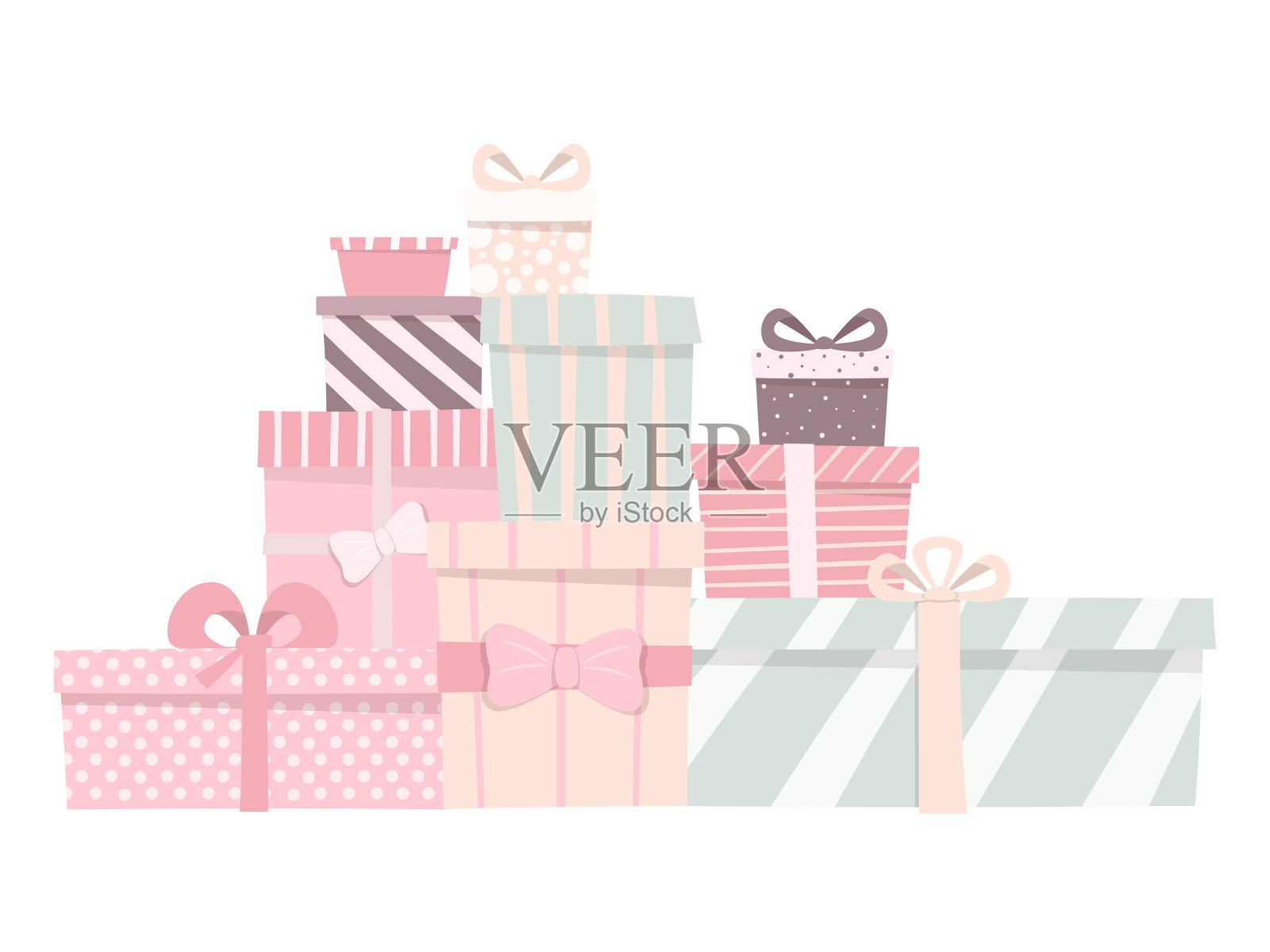矢量插图一套可爱的礼物，不同的形状和颜色。有精致颜色的蝴蝶结的盒子。节日背景的卡通装饰。插画图片素材