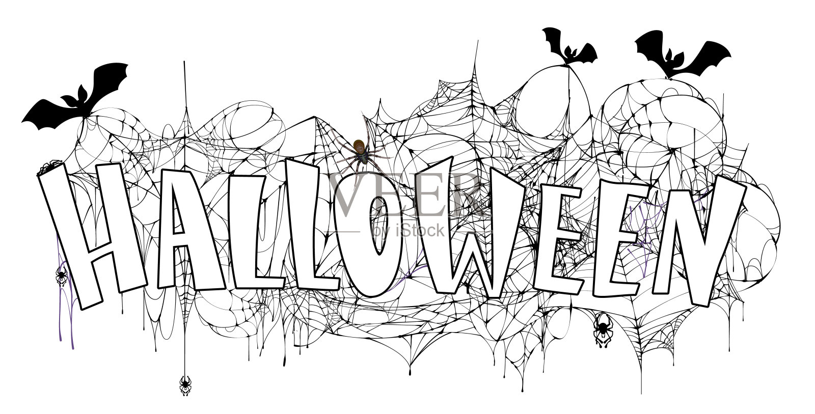 万圣节短信横幅蜘蛛网，蝙蝠和蜘蛛孤立在白色插画图片素材