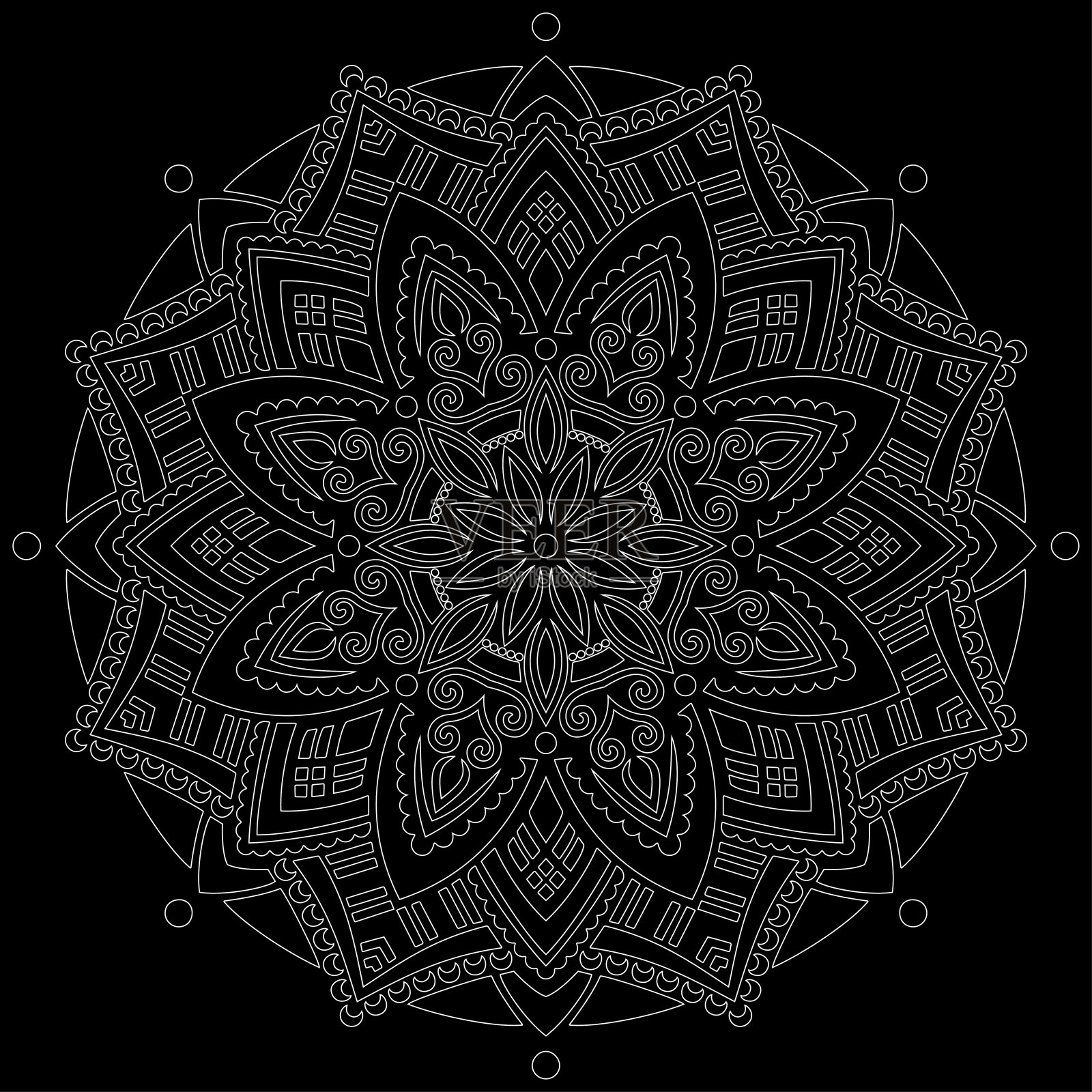 白色轮廓曼荼罗在黑色涂鸦素描插画图片素材