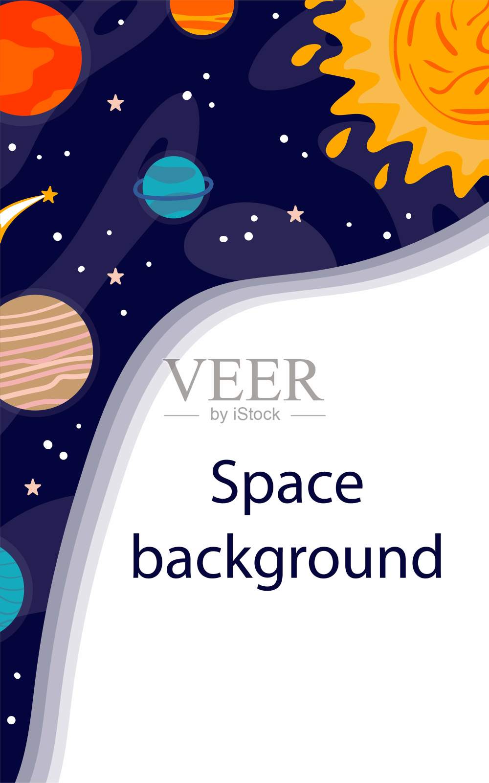 卡通空间背景。天体科学海报与空间物体和复制空间。彩色的行星，太阳和火箭在太空，星系地图与字母矢量垂直横幅，传单或海报插画图片素材