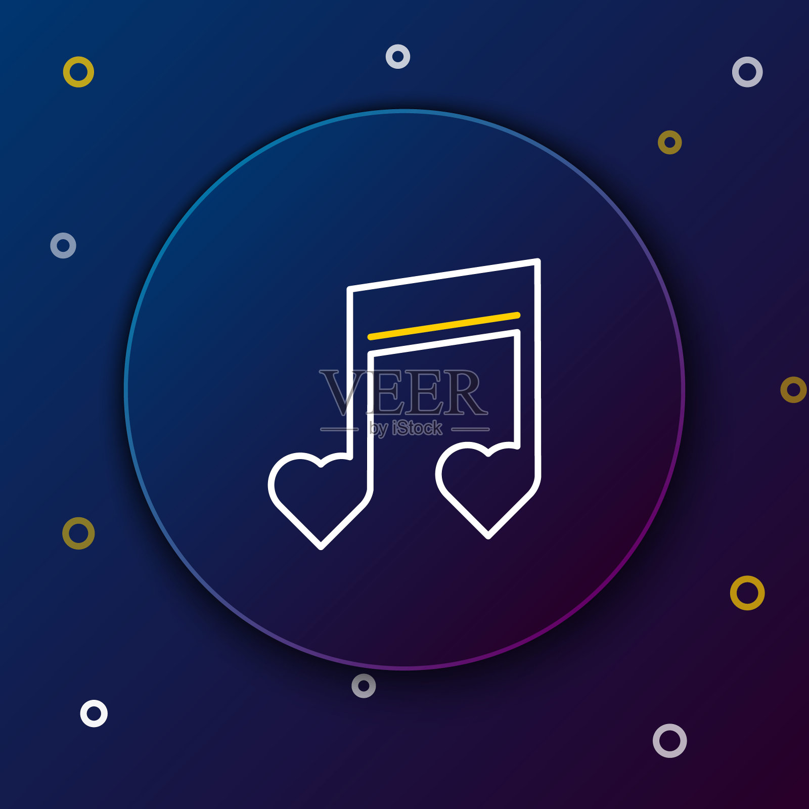 线音乐音符，色调与心图标孤立在蓝色背景。情人节。色彩斑斓的轮廓的概念。向量图标素材