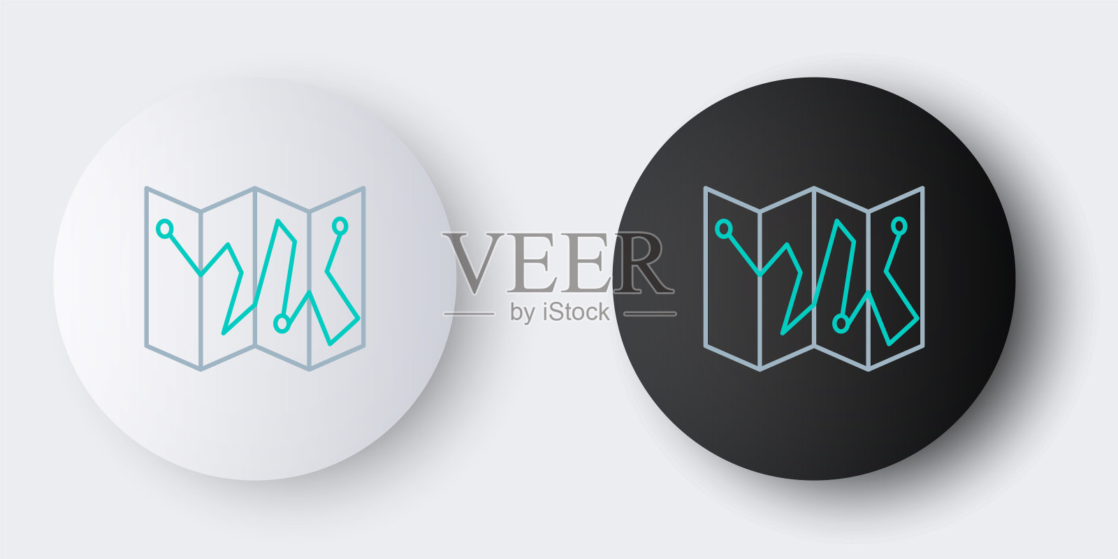 线折叠地图与位置标记图标隔离在灰色背景。彩色轮廓概念。向量图标素材