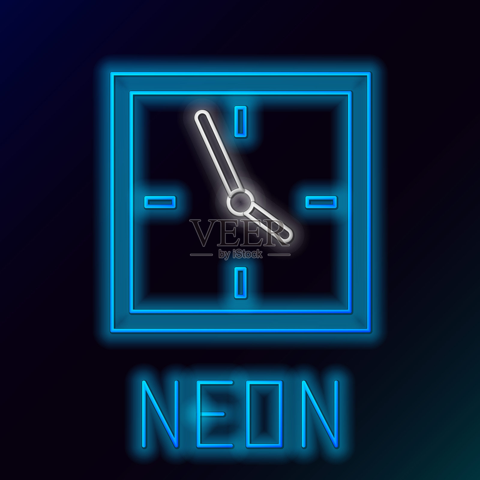 发光的霓虹灯线时钟图标孤立在黑色背景。时间的象征。色彩斑斓的轮廓的概念。向量插画图片素材