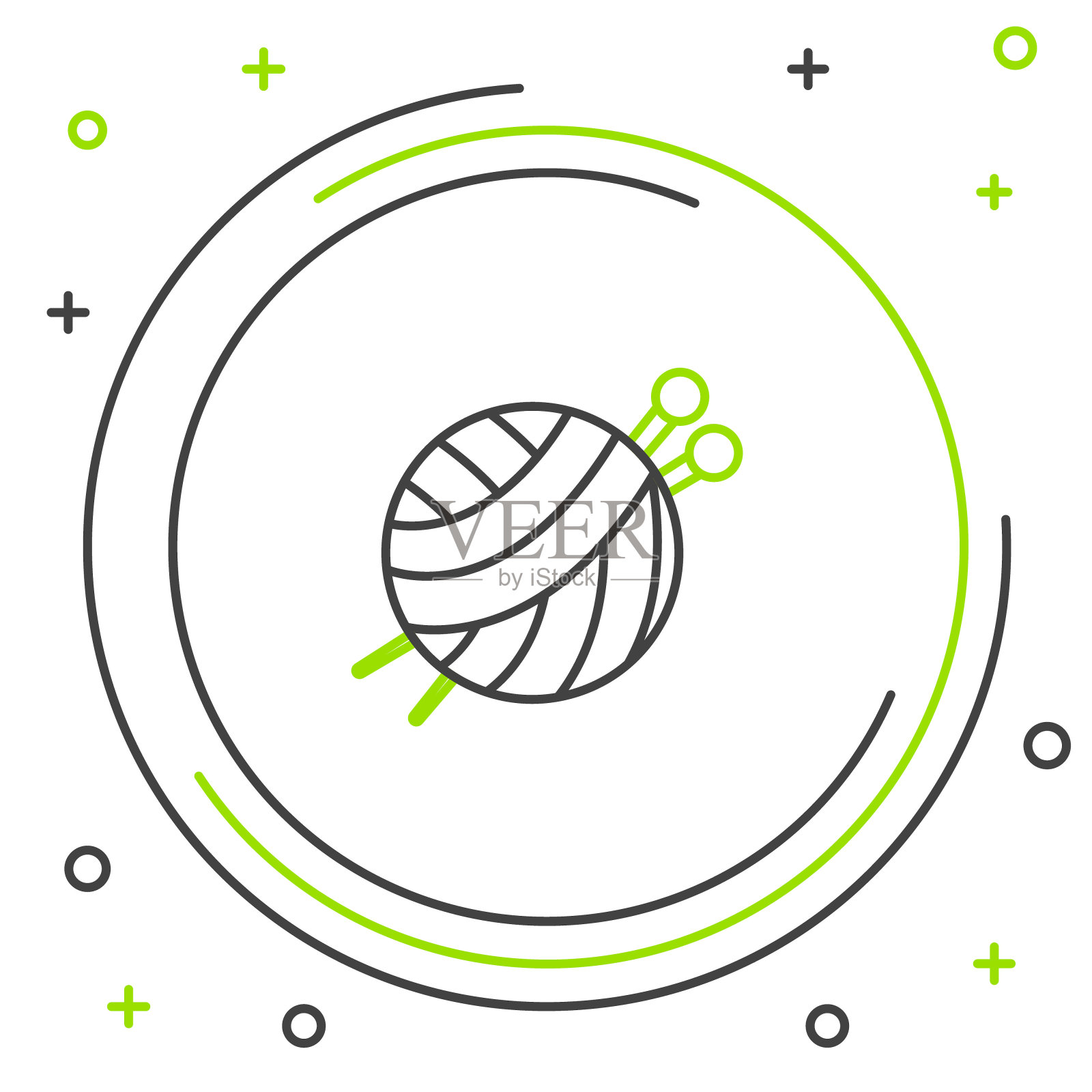 黑色和绿色线纱线球与针织针图标孤立在白色背景。标签适用于手工、针织或裁缝店。色彩斑斓的轮廓的概念。矢量图插画图片素材