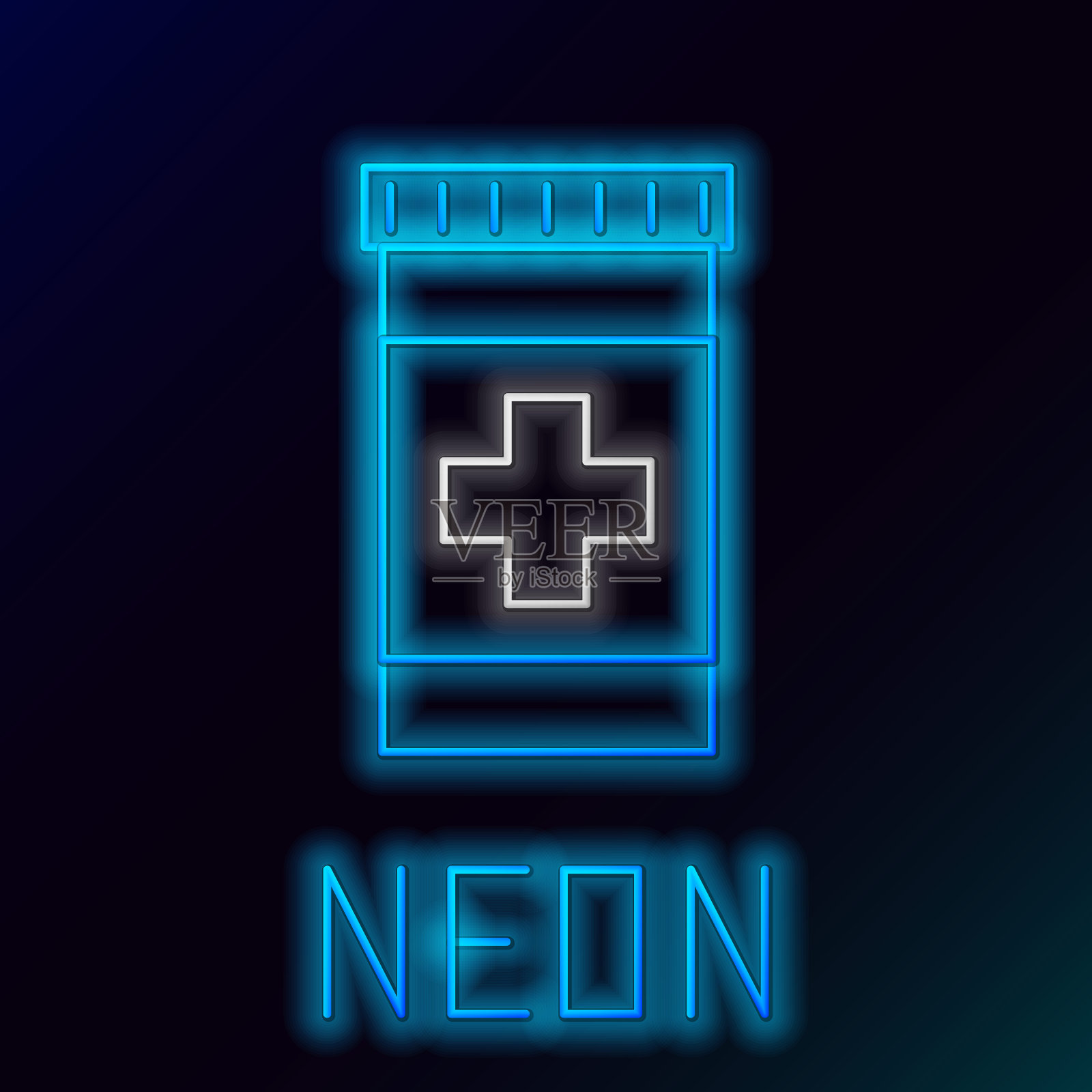 蓝色发光的霓虹线药瓶图标孤立在黑色的背景。瓶药丸的迹象。药店的设计。色彩斑斓的轮廓的概念。矢量图插画图片素材