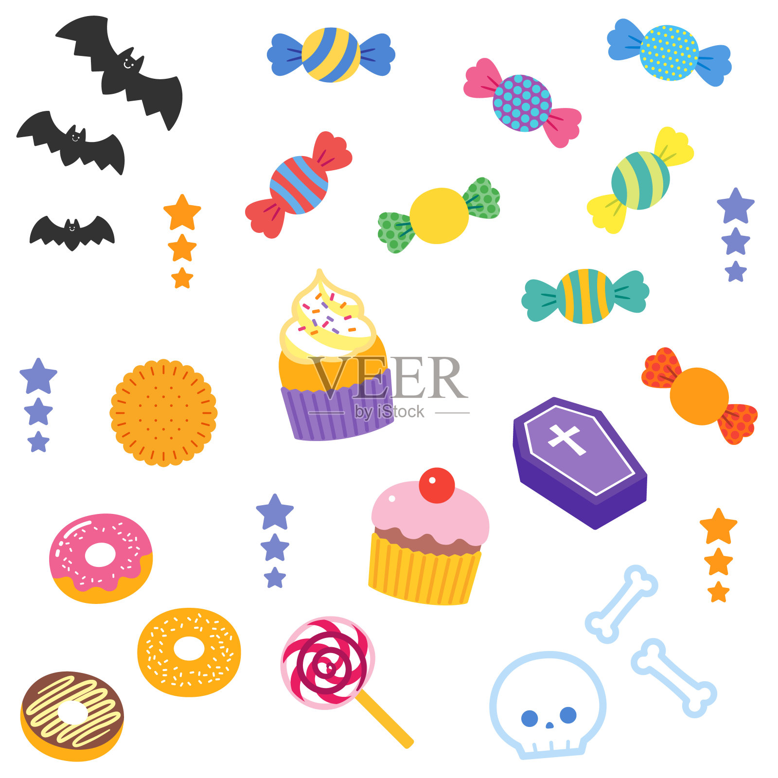 万圣节派对糖果和装饰部分设置/没有线插画图片素材