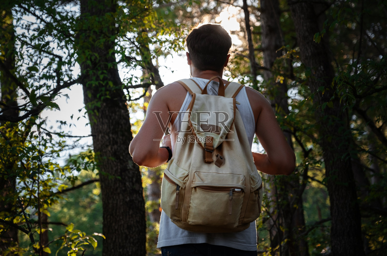 背包旅行者在夏天的日落森林户外徒步旅行照片摄影图片