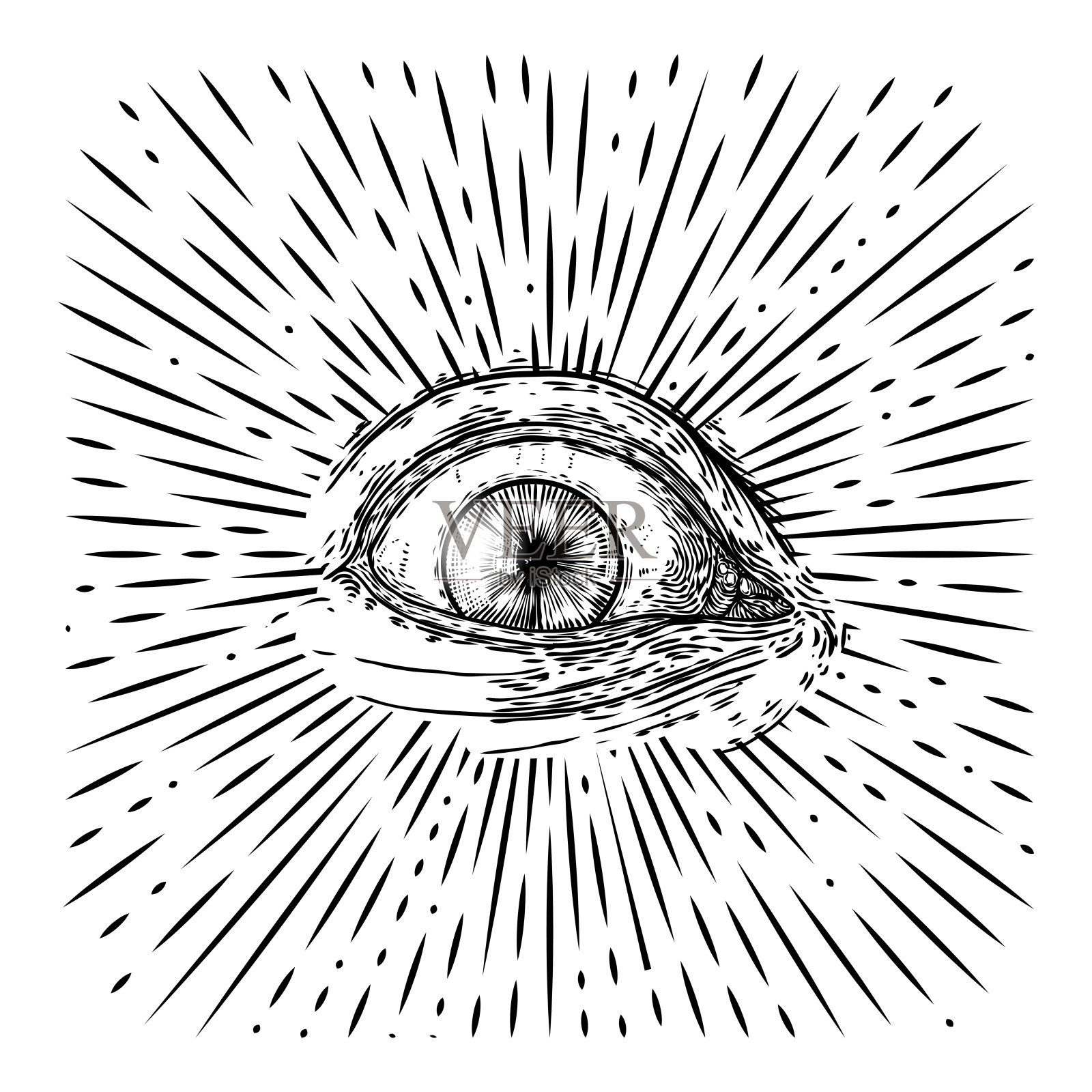 所有可视的眼睛或天意的眼睛在装饰背景神圣的几何学。古代神秘的圣公会象征。手绘炼金术，宗教和精神神秘学。阴谋论向量。插画图片素材