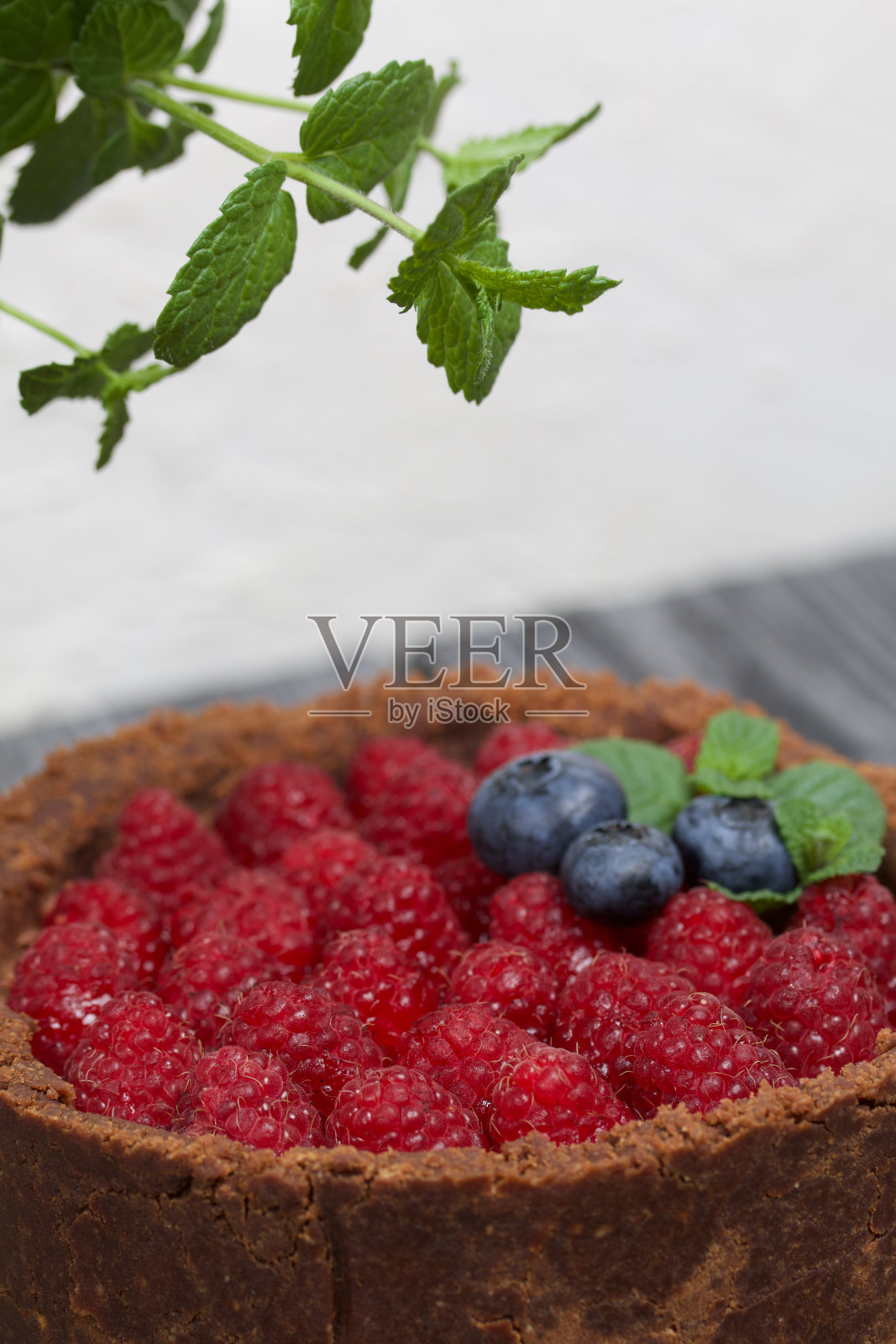 不烤奶油芝士巧克力蛋糕。装饰有覆盆子、蓝莓和薄荷叶。附近有一盆种植着的薄荷。在黑色和白色的松木板表面。照片摄影图片